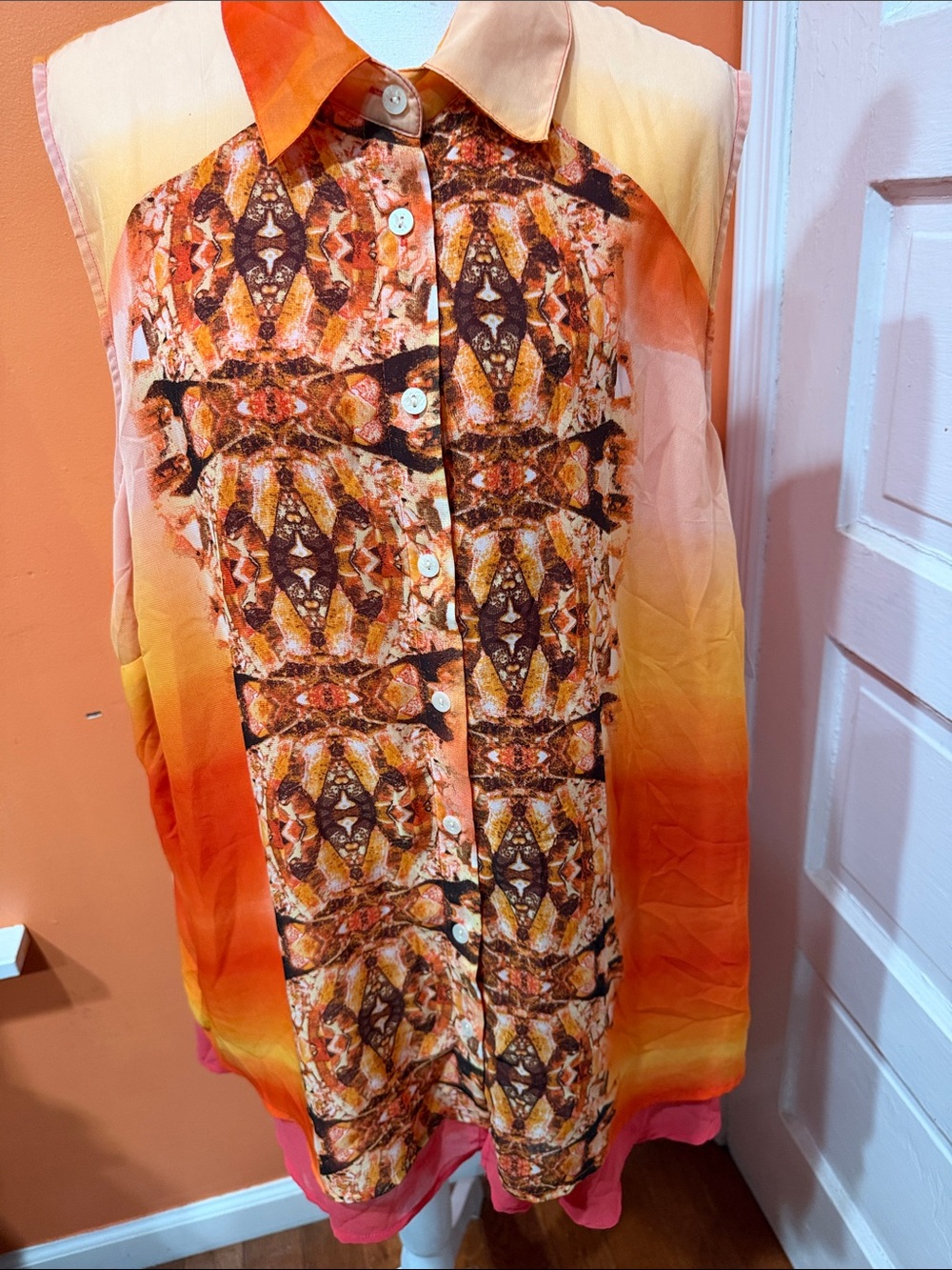 Loeffler Randall Orange and Yellow Geometric Print Button-Down Shirt